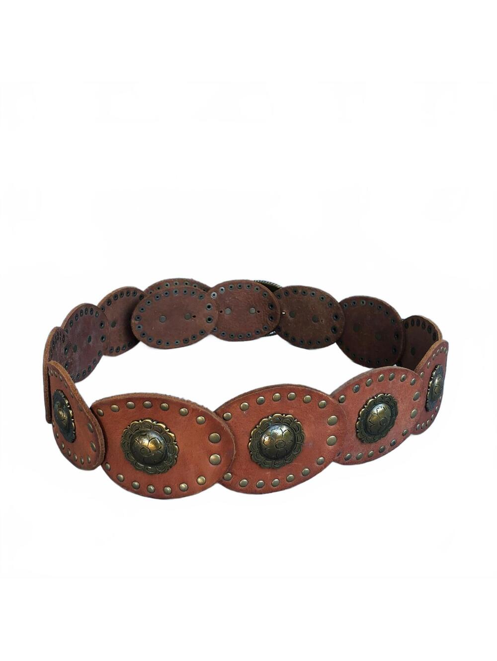 Vintage Fossil Brown Leather Concho Belt Western Cowgirl Boho Chic Southwestern - Picture 7 of 8